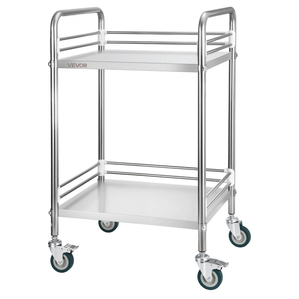 VEVOR Carro de Laboratorio de Acero Inoxidable 2 Niveles con Ruedas Bloqueables, Bandeja de Almacenamiento Móvil Resistente para Hospitales, Restaurantes, Cocinas, Salones, 515 x 410 x 870 mm