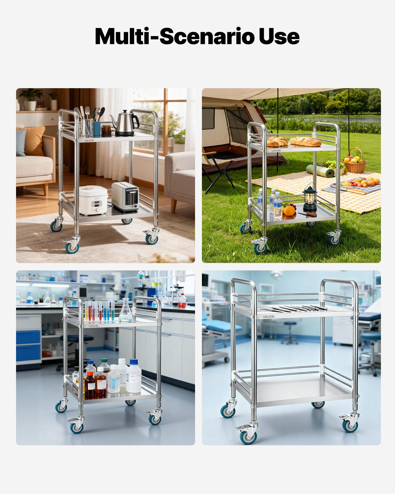 VEVOR Carro de Laboratorio de Acero Inoxidable 2 Niveles con Ruedas Bloqueables, Bandeja de Almacenamiento Móvil Resistente para Hospitales, Restaurantes, Cocinas, Salones, 515 x 410 x 870 mm