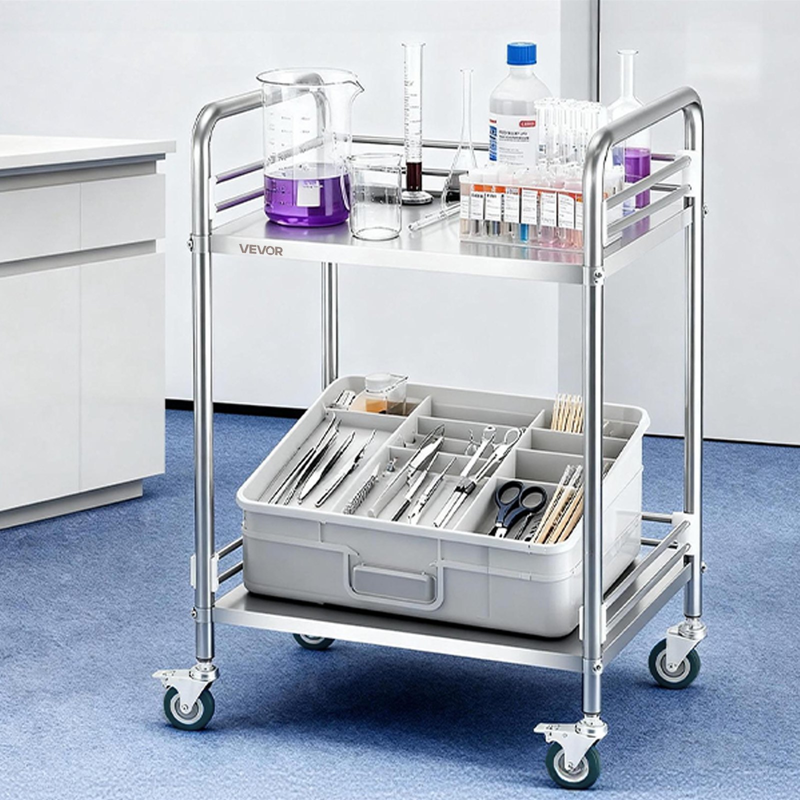 VEVOR Carro de Laboratorio de Acero Inoxidable 2 Niveles con Ruedas Bloqueables, Bandeja de Almacenamiento Móvil Resistente para Hospitales, Restaurantes, Cocinas, Salones, 515 x 410 x 870 mm