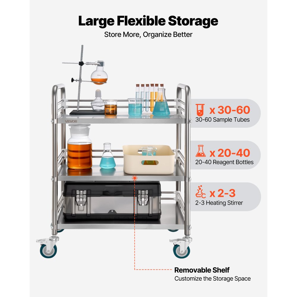 VEVOR Carro de Laboratorio de Acero Inoxidable 3 Niveles con Ruedas Bloqueables, Bandeja de Almacenamiento Móvil Resistente para Hospitales, Restaurantes, Cocinas, Salones, 615 x 410 x 870 mm