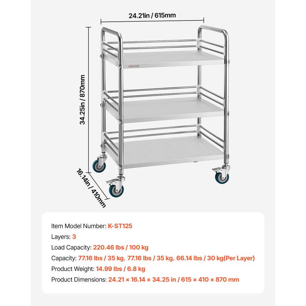 VEVOR Carro de Laboratorio de Acero Inoxidable 3 Niveles con Ruedas Bloqueables, Bandeja de Almacenamiento Móvil Resistente para Hospitales, Restaurantes, Cocinas, Salones, 615 x 410 x 870 mm