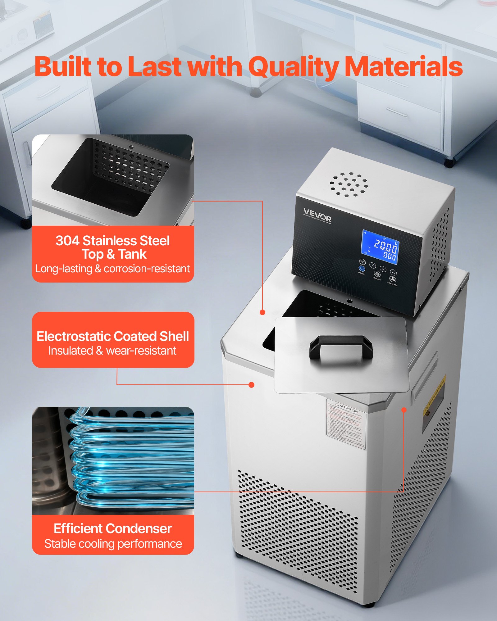 VEVOR Enfriador de Laboratorio con Bomba de Circulación, de -30 °C a 100 °C, 6 L de Doble Circulación Interna y Externa, para Bajas Temperaturas, por Agua Circulante, 180 x 160 x 150 mm, 1050 W