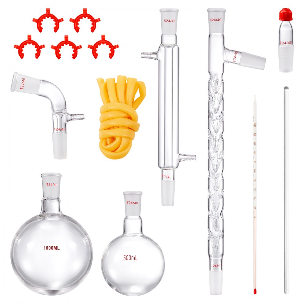 VEVOR Laboratory Distillation Set, 3.3 Boro Laboratory Glass Distillation Set with 24 and 40 Compounds, 1000 ml Essential Oil Distillation Equipment Set, 14-Piece Set with Glassware