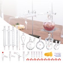 VEVOR Kit de destilación de laboratorio, kit de destilación de vidrio de laboratorio 3.3 Boro con 24 y 40 compuestos, juego de equipos de destilación de aceites esenciales de 1000 ml, 32 piezas