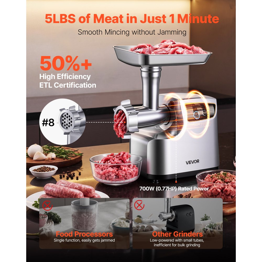 VEVOR Picadora de Carne 700 W 0,77 HP, Picadora de Carne Eléctrica Capacidad de 2,3 kg/min, con 3 Discos de Molienda, 3 Tubos de Embutir Salchichas, para Cocinas Domésticas, Restaurantes, Carnicerías