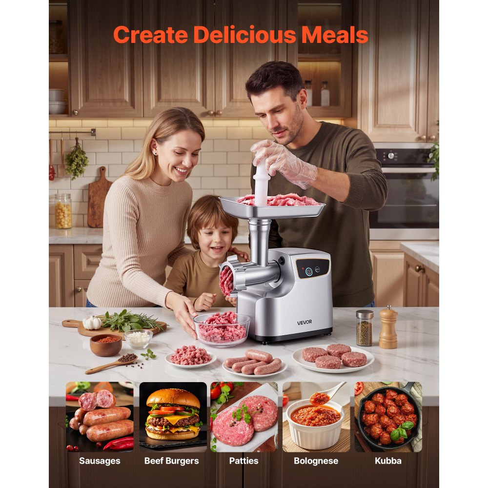 VEVOR Picadora de Carne 700 W 0,77 HP, Picadora de Carne Eléctrica Capacidad de 2,3 kg/min, con 3 Discos de Molienda, 3 Tubos de Embutir Salchichas, para Cocinas Domésticas, Restaurantes, Carnicerías