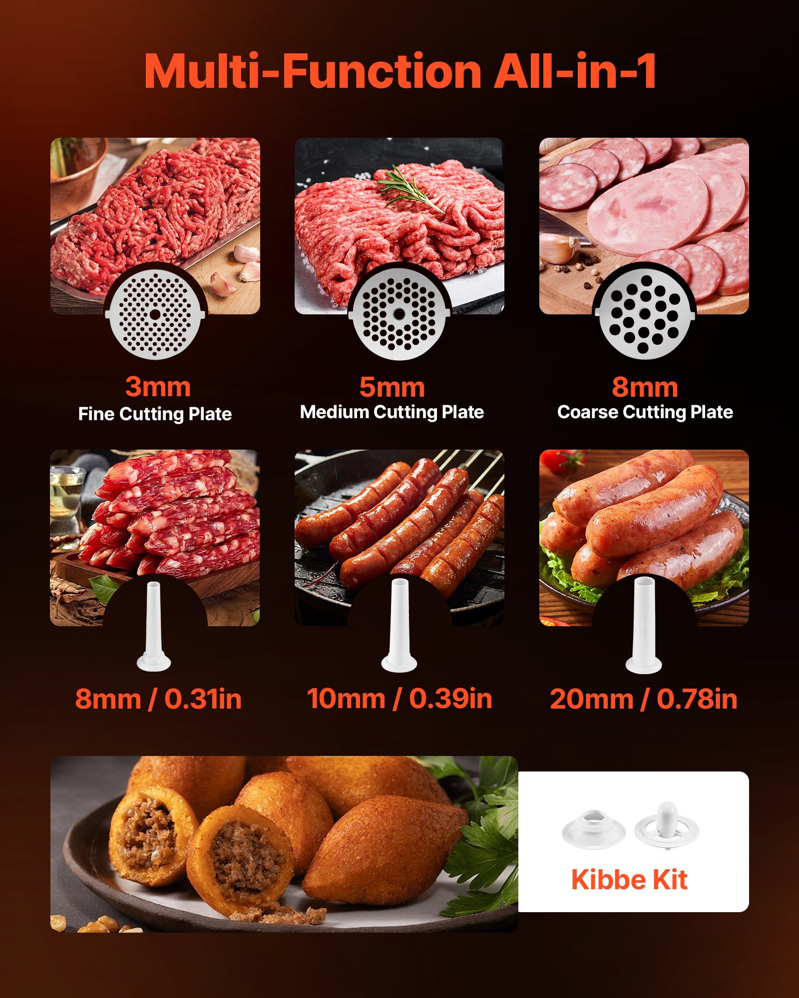 VEVOR Picadora de Carne 700 W 0,77 HP, Picadora de Carne Eléctrica Capacidad de 2,3 kg/min, con 3 Discos de Molienda, 3 Tubos de Embutir Salchichas, para Cocinas Domésticas, Restaurantes, Carnicerías