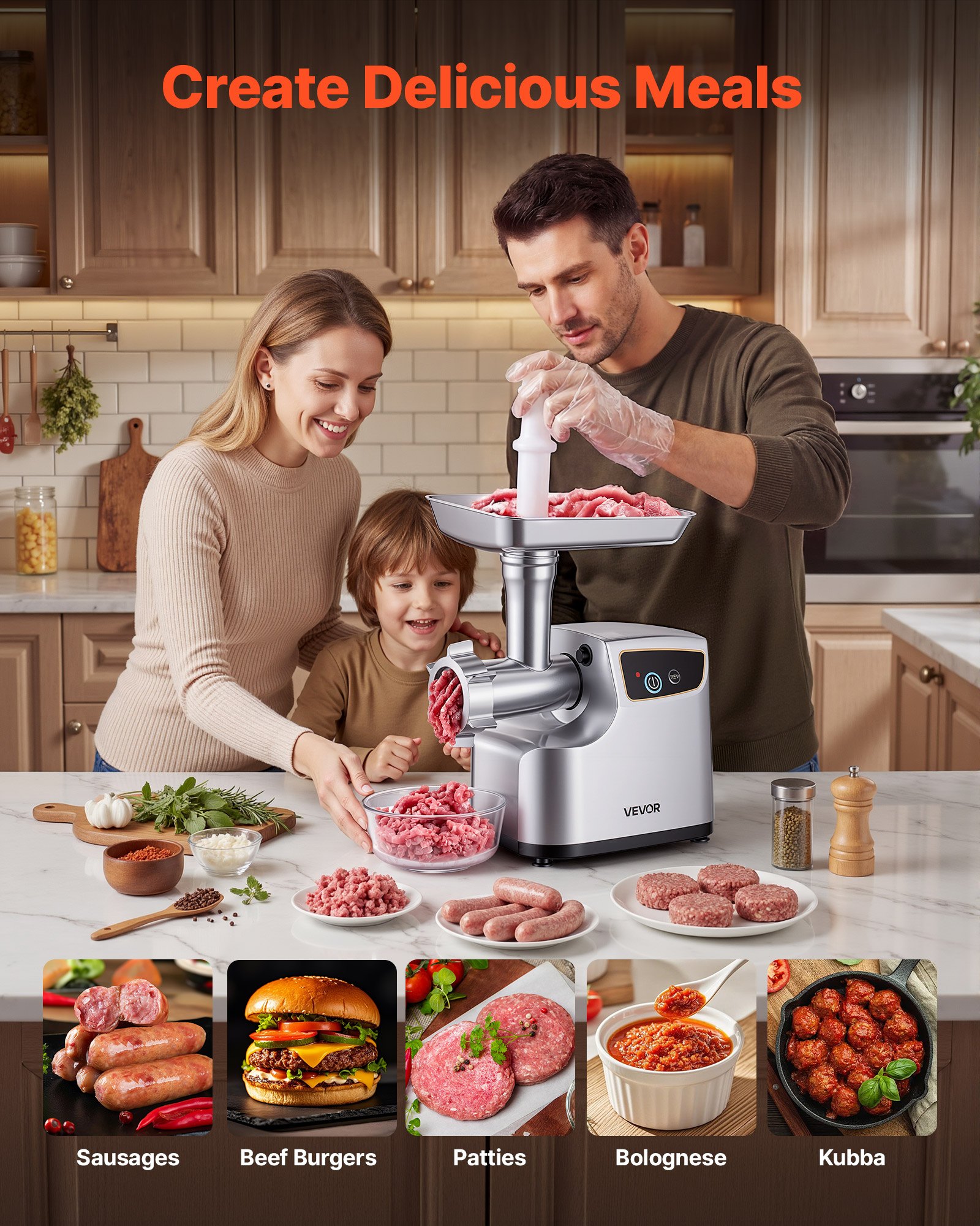 VEVOR Picadora de Carne 700 W 0,77 HP, Picadora de Carne Eléctrica Capacidad de 2,3 kg/min, con 3 Discos de Molienda, 3 Tubos de Embutir Salchichas, para Cocinas Domésticas, Restaurantes, Carnicerías