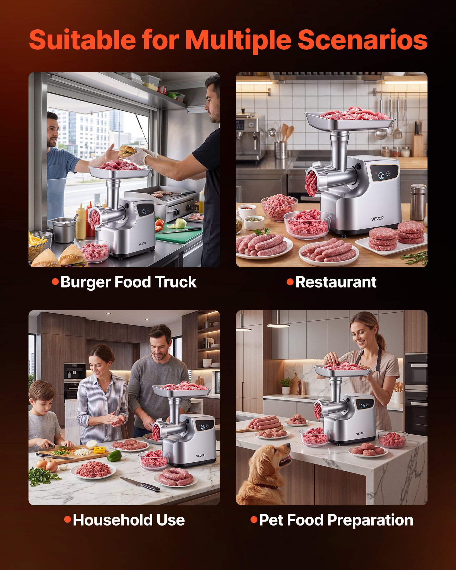 VEVOR Picadora de Carne 700 W 0,77 HP, Picadora de Carne Eléctrica Capacidad de 2,3 kg/min, con 3 Discos de Molienda, 3 Tubos de Embutir Salchichas, para Cocinas Domésticas, Restaurantes, Carnicerías