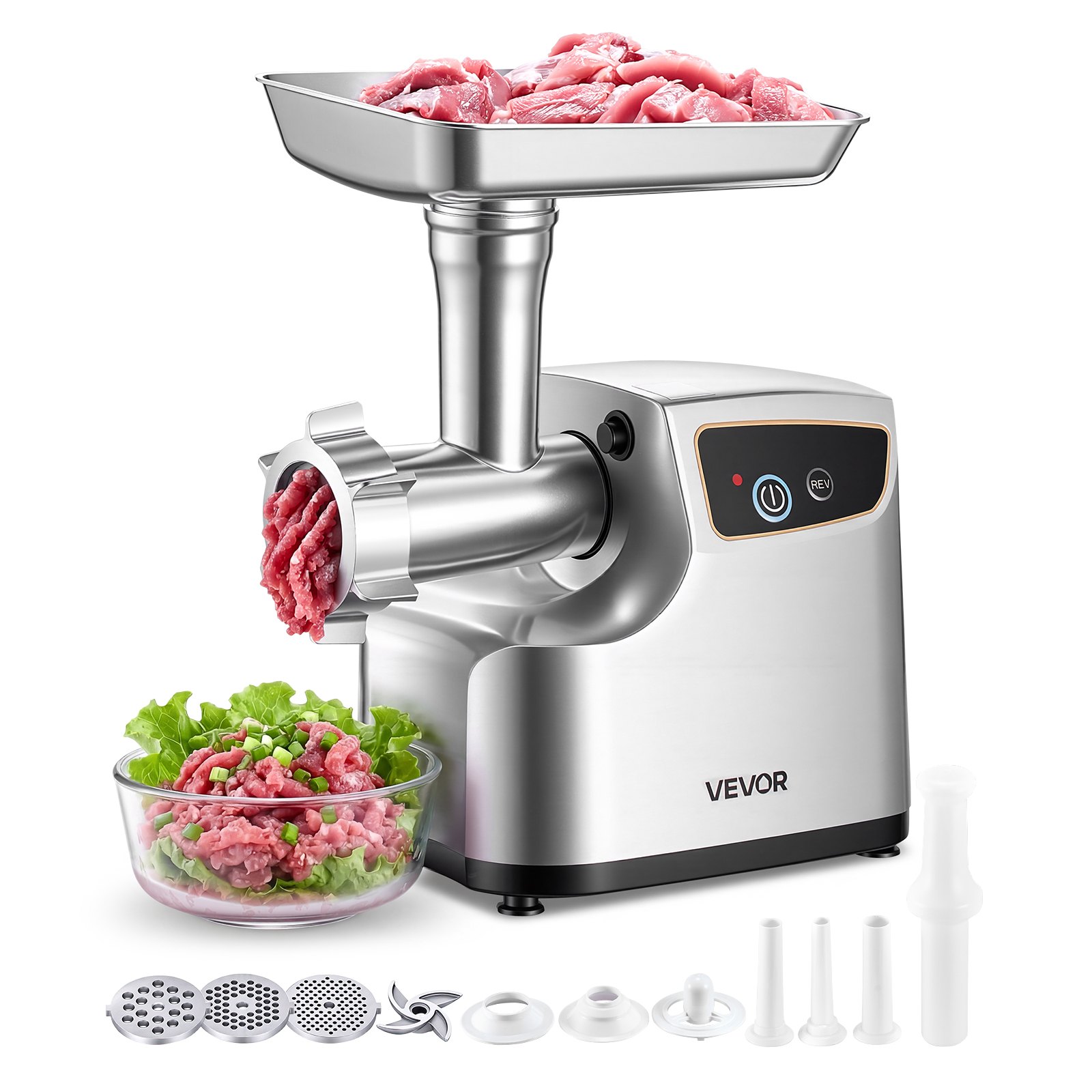 VEVOR Picadora de Carne 700 W 0,77 HP, Picadora de Carne Eléctrica Capacidad de 2,3 kg/min, con 3 Discos de Molienda, 3 Tubos de Embutir Salchichas, para Cocinas Domésticas, Restaurantes, Carnicerías
