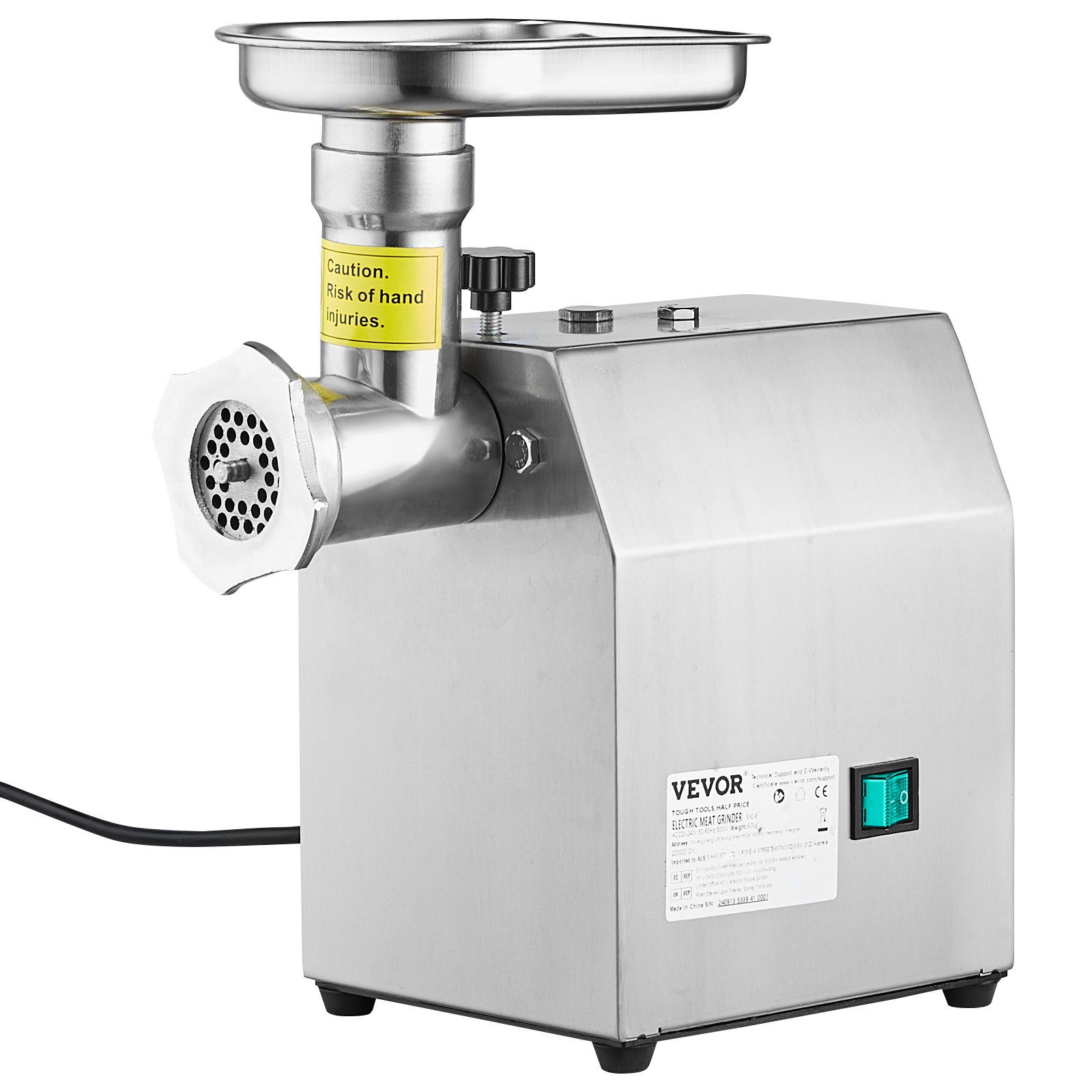 VEVOR Picadora de Carne Eléctrica Industrial de Encimera, Capacidad de 2 kg/min, con Cuchilla, Placa de Molienda, para Hacer Salchichas, Acero Inoxidable, para Cocina y Restaurante, 292 x 180 x 355 mm