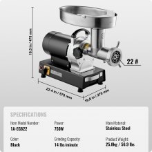 VEVOR Picadora de Carne Eléctrica Comercial de 6,36 kg/Minuto 570 x 270 x 470 mm