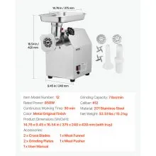 VEVOR Picadora de Carne Eléctrica de Encimera con Cuchilla, Capacidad de 3,2 kg/min, Placa de Molienda, para Hacer Salchichas, Acero Inoxidable, para Cocina y Restaurante, 375 x 240 x 420 mm