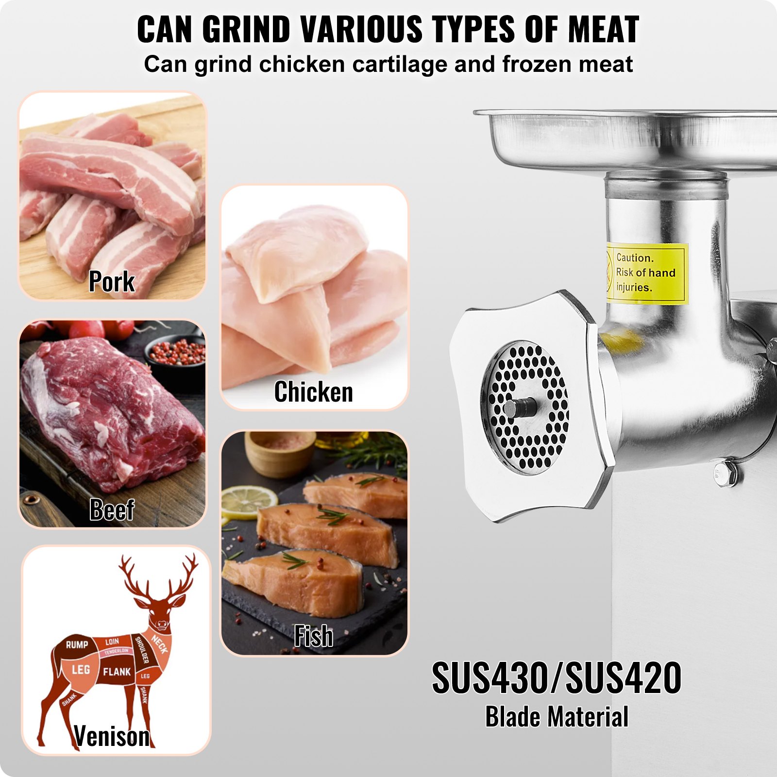 VEVOR Picadora de Carne Eléctrica Industrial de Encimera, Capacidad de 4,18 kg/min, con Cuchilla, Placa Molienda, para Hacer Salchichas, Acero Inoxidable, para Cocina y Restaurante, 430 x 248 x 440 mm