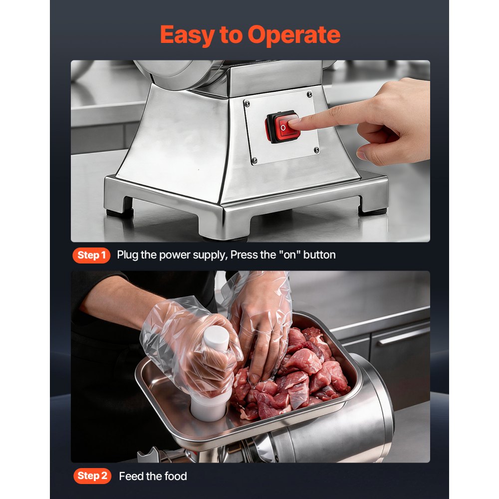 VEVOR Picadora de Carne 750W 1 HP, Picadora de Carne Eléctrica 4,2 kg/min, de Acero Inoxidable, con 2 Placas, 3 Tubos de Embutir Salchichas, para Cocinas Domésticas, Restaurantes, Carnicerías