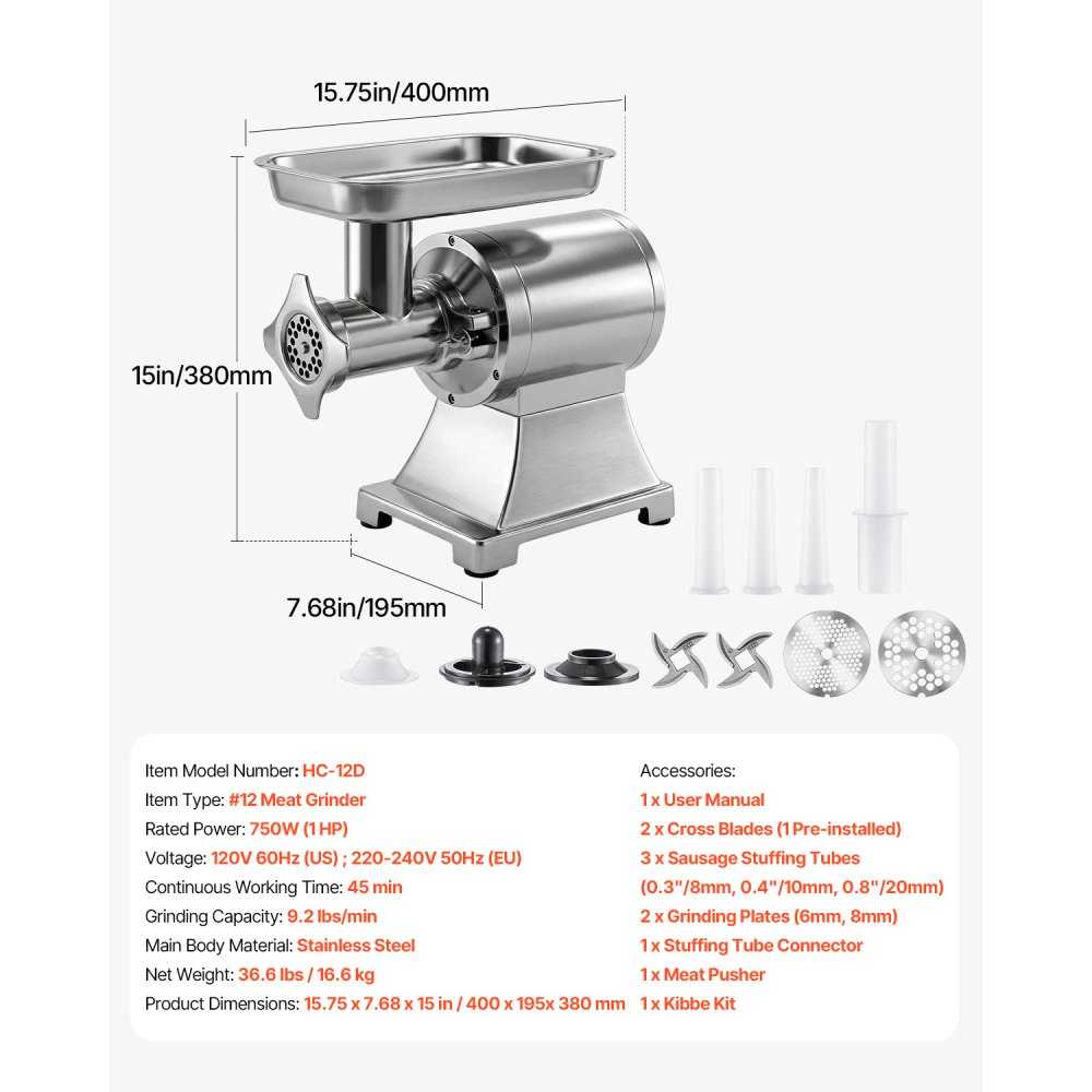 VEVOR Picadora de Carne 750W 1 HP, Picadora de Carne Eléctrica 4,2 kg/min, de Acero Inoxidable, con 2 Placas, 3 Tubos de Embutir Salchichas, para Cocinas Domésticas, Restaurantes, Carnicerías