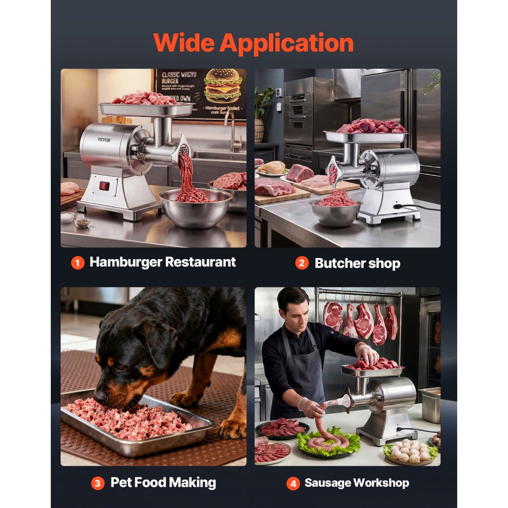 VEVOR Picadora de Carne 750W 1 HP, Picadora de Carne Eléctrica 4,2 kg/min, de Acero Inoxidable, con 2 Placas, 3 Tubos de Embutir Salchichas, para Cocinas Domésticas, Restaurantes, Carnicerías