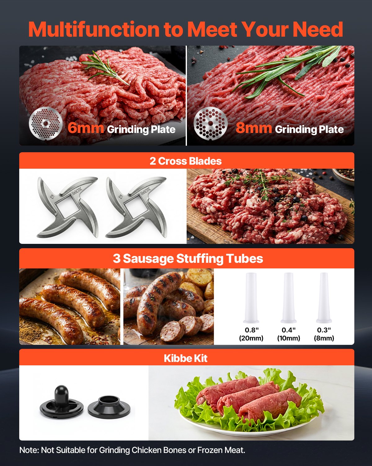VEVOR Picadora de Carne 750W 1 HP, Picadora de Carne Eléctrica 4,2 kg/min, de Acero Inoxidable, con 2 Placas, 3 Tubos de Embutir Salchichas, para Cocinas Domésticas, Restaurantes, Carnicerías