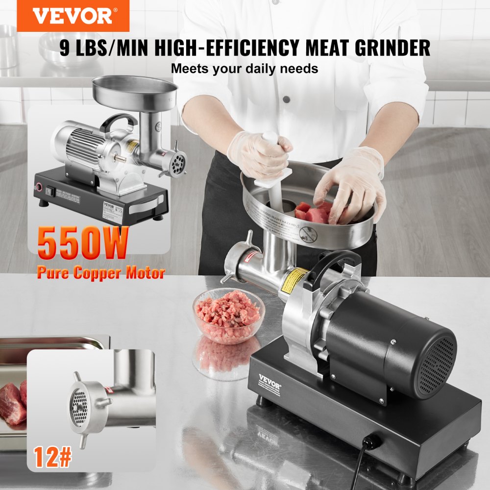 VEVOR Picadora de Carne Eléctrica Industrial de Encimera con Cuchilla, Capacidad 4,1 kg/Min, Placa de Molienda, para Hacer Salchichas, Acero Inoxidable, para Cocina y Restaurante, 550 x 250 x 450 mm