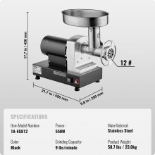 VEVOR Picadora de Carne Eléctrica Comercial de 4,1 kg/Minuto 550 x 250 x 450 mm