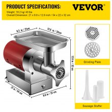 VEVOR Picadora de Carne Eléctrica 300 kg por Hora 1100 W Rojo 54 x 22 x 32 cm