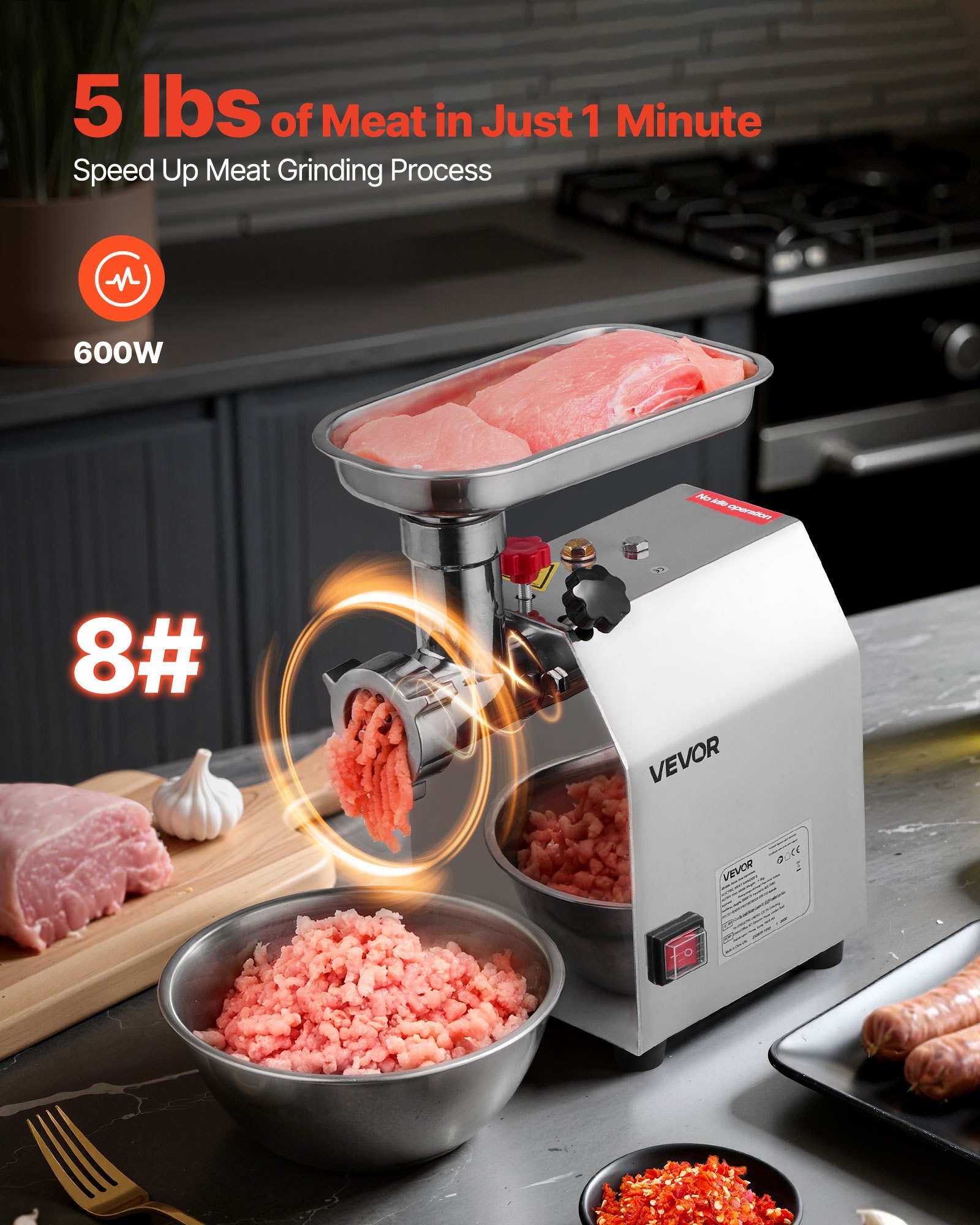 VEVOR Picadora de Carne Eléctrica de Encimera con Cuchilla, Capacidad de 2,3 kg/min, Placa de Molienda, para Hacer Salchichas, de Acero Inoxidable, para Cocina y Restaurante, 292 x 180 x 355 mm