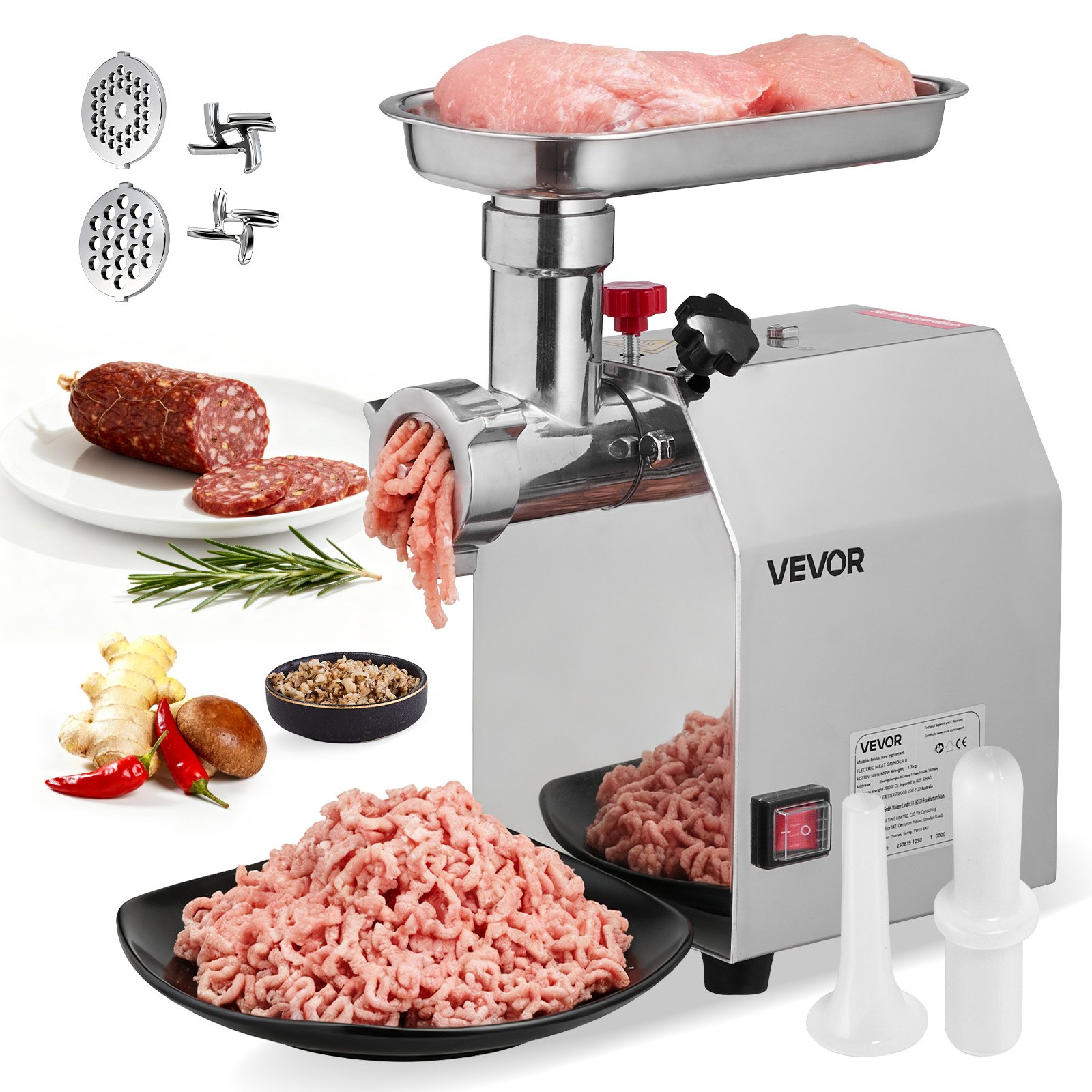 VEVOR Picadora de Carne Eléctrica de Encimera con Cuchilla, Capacidad de 2,3 kg/min, Placa de Molienda, para Hacer Salchichas, de Acero Inoxidable, para Cocina y Restaurante, 292 x 180 x 355 mm