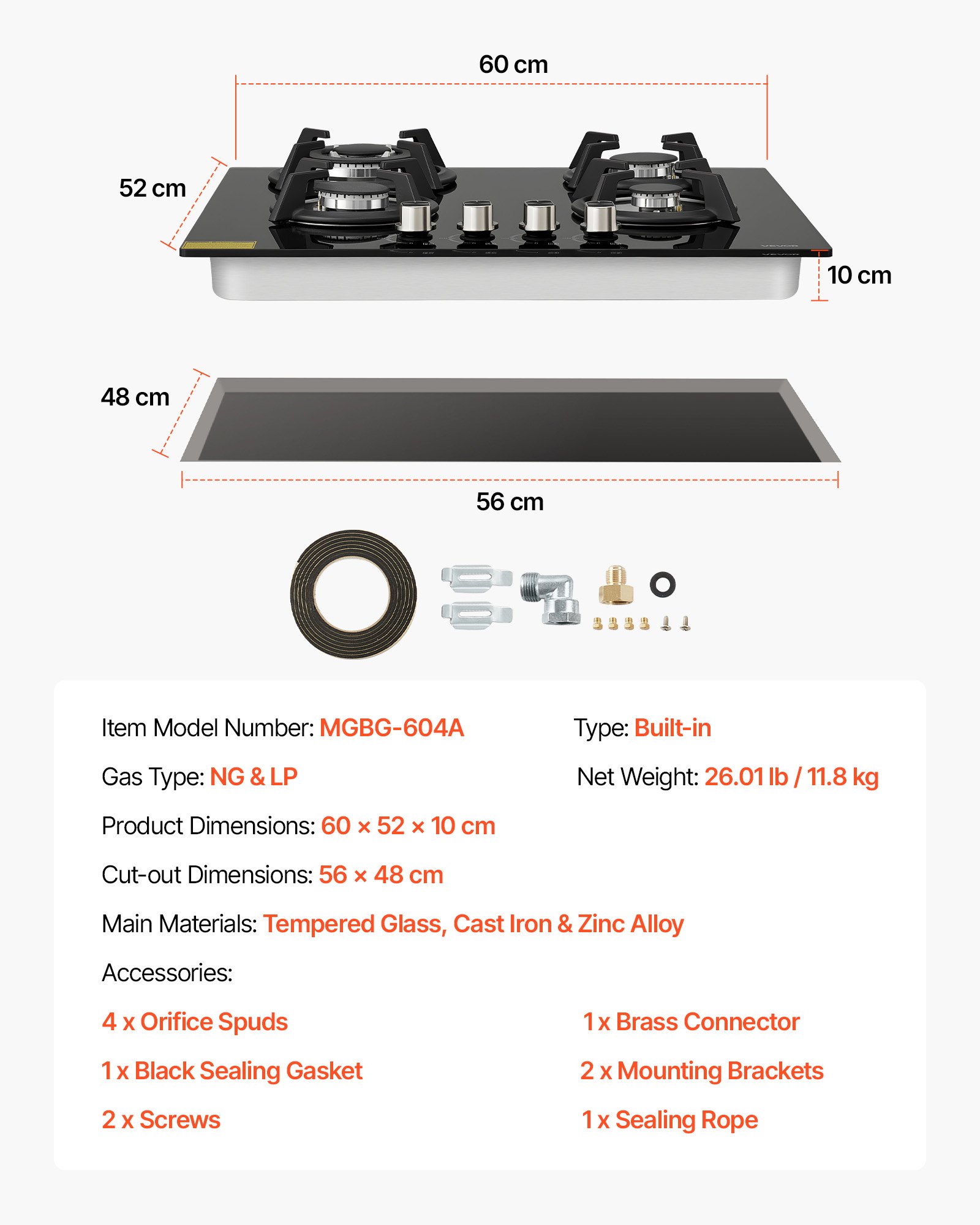 VEVOR Placa de Gas con 4 Fuegos 560 x 480 mm, Placa de Cocción de Gas Máx. 7,8 kW, Placa de Vidrio Templado Integrada, Convertible a GLP, GN, con Protección de Termopar para Sellar, Guisar, Hervir