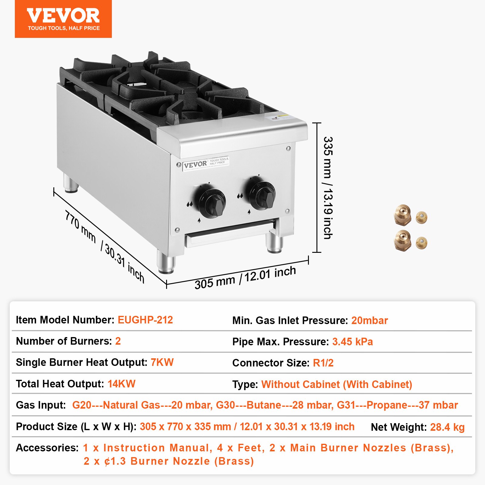 VEVOR Commercial Gas Cooker with 2 Gas Burners, Propane/Natural Gas Cooker, Stainless Steel Gas Hob, Commercial Cooking Appliance 305 x 770 x 335 mm for Restaurants, Hotels, and Cafes, 14 kW