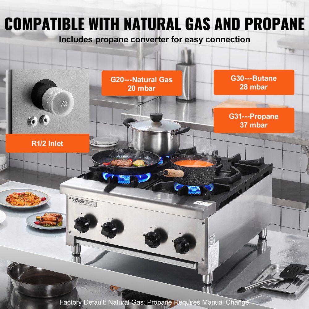 VEVOR Estufa de Gas Comercial con 4 Quemadores, Cocina de Encimera de Gas Propano y Gas Natural, Placa Calefactora de Gas de Acero Inoxidable, para Restaurante, 28 kW, 610 x 775 x 335 mm, Plata