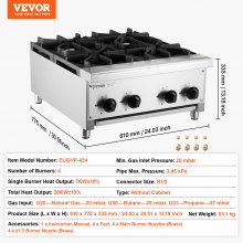 VEVOR Estufa de Gas Comercial de 4 Quemadores 610 x 775 x 335 mm 28000 BTU Plata