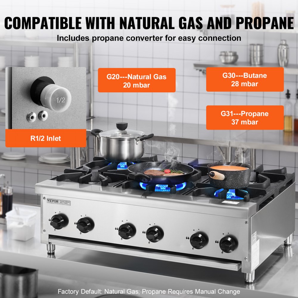 VEVOR Commercial Gas Cooker with 6 Gas Burners, Propane/Natural Gas Cooker, Stainless Steel Gas Hob, Commercial Cooking Appliance 915 x 775 x 335 mm for Restaurants, Hotels, and Cafes, 42 kW
