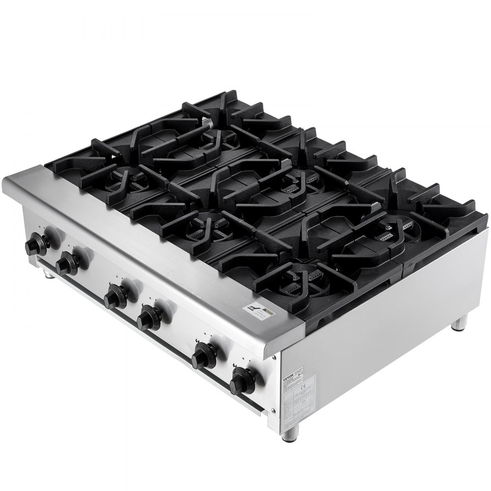 VEVOR Commercial Gas Cooker with 6 Gas Burners, Propane/Natural Gas Cooker, Stainless Steel Gas Hob, Commercial Cooking Appliance 915 x 775 x 335 mm for Restaurants, Hotels, and Cafes, 42 kW