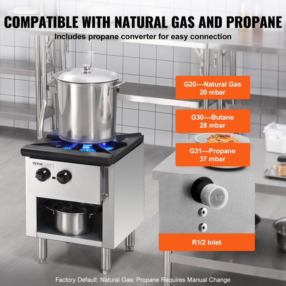 VEVOR Estufa de Gas Comercial con Gabinete, Cocina de Encimera de Gas Propano y Gas Natural, Placa Calefactora de Gas de Acero Inoxidable, para Restaurante, 26 kW, 460 x 620 x 615 mm, 1 Quemador