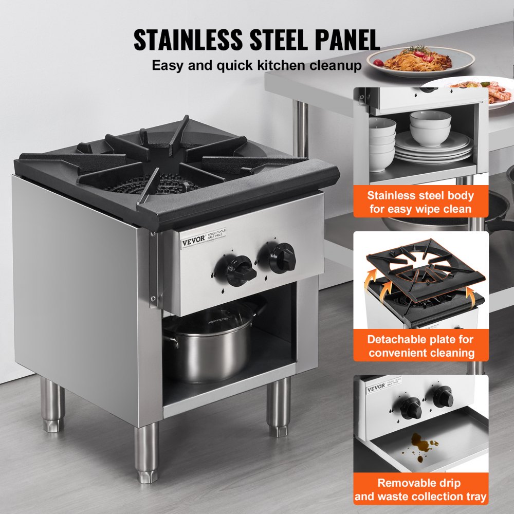 VEVOR Estufa de Gas Comercial con Gabinete, Cocina de Encimera de Gas Propano y Gas Natural, Placa Calefactora de Gas de Acero Inoxidable, para Restaurante, 26 kW, 460 x 620 x 615 mm, 1 Quemador