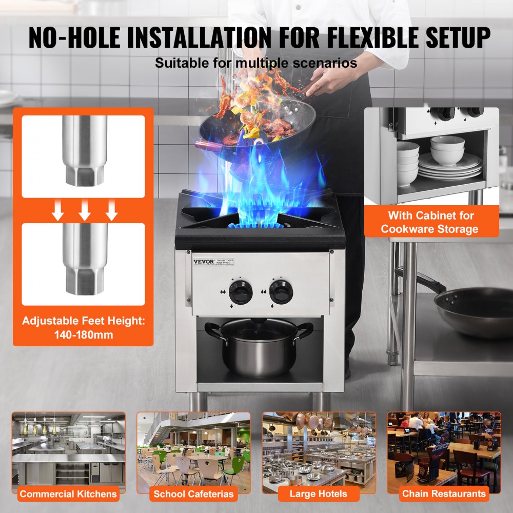 VEVOR Estufa de Gas Comercial con Gabinete, Cocina de Encimera de Gas Propano y Gas Natural, Placa Calefactora de Gas de Acero Inoxidable, para Restaurante, 26 kW, 460 x 620 x 615 mm, 1 Quemador