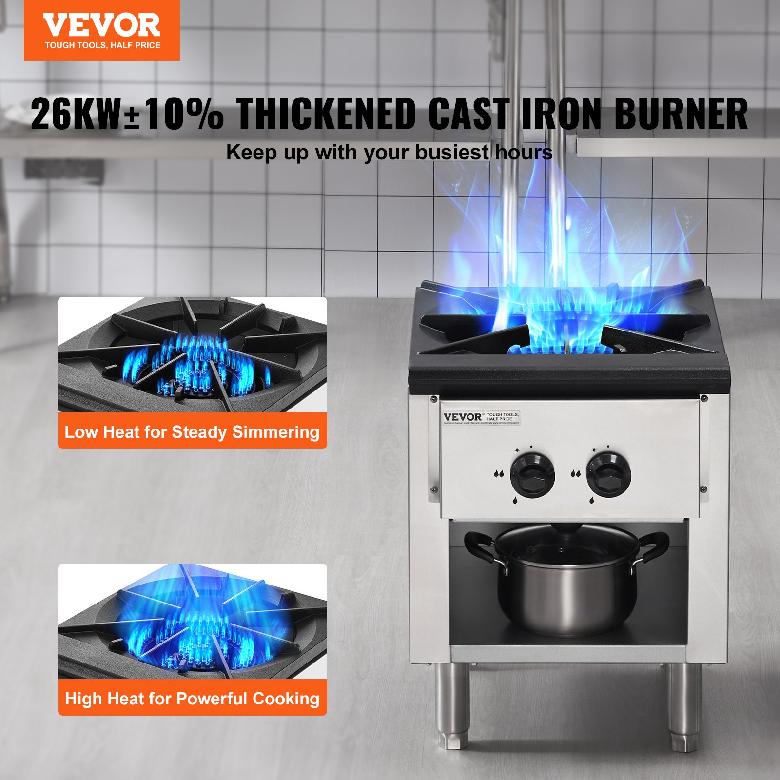 VEVOR Estufa de Gas Comercial con Gabinete, Cocina de Encimera de Gas Propano y Gas Natural, Placa Calefactora de Gas de Acero Inoxidable, para Restaurante, 26 kW, 460 x 620 x 615 mm, 1 Quemador
