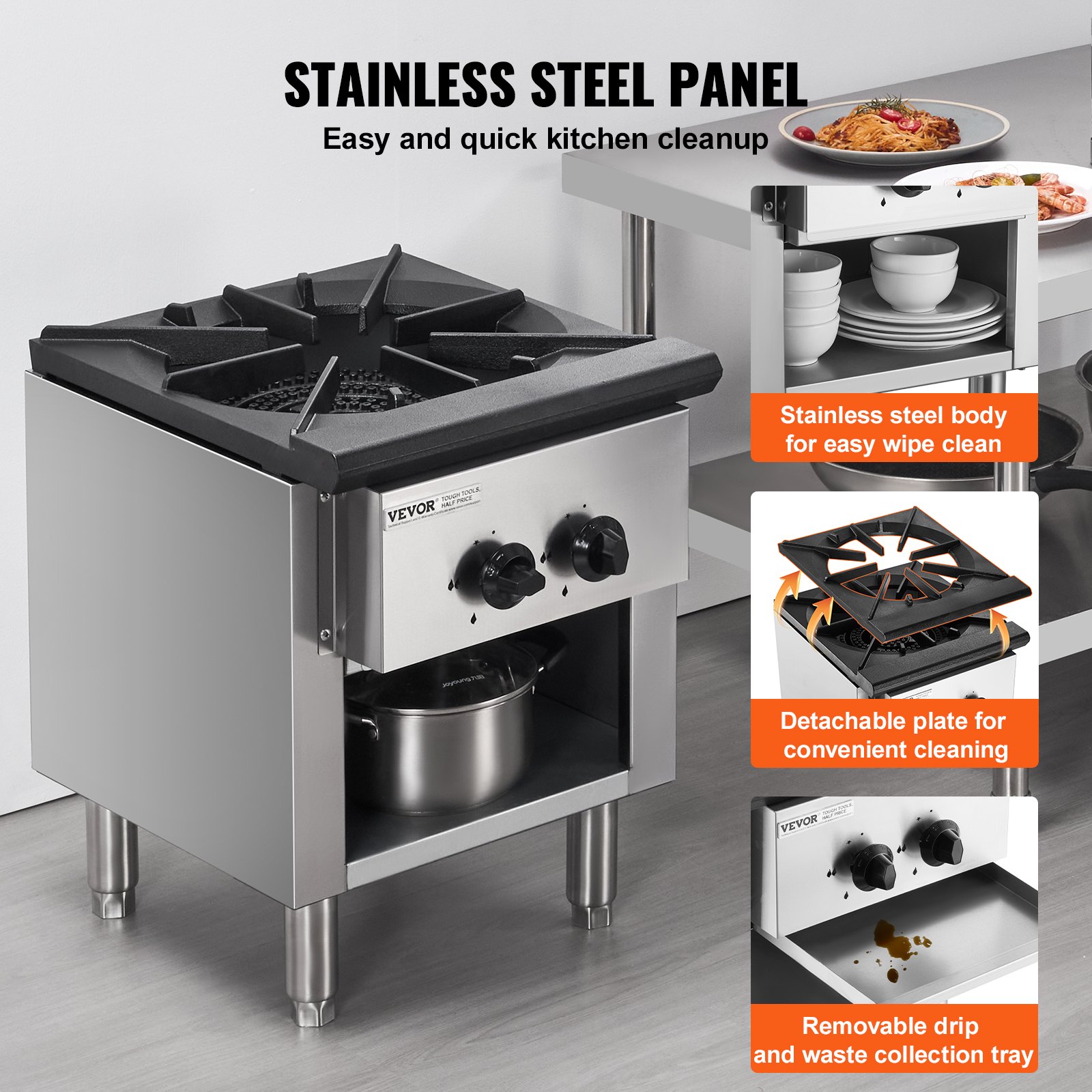 VEVOR Estufa de Gas Comercial con Gabinete, Cocina de Encimera de Gas Propano y Gas Natural, Placa Calefactora de Gas de Acero Inoxidable, para Restaurante, 26 kW, 460 x 620 x 615 mm, 1 Quemador
