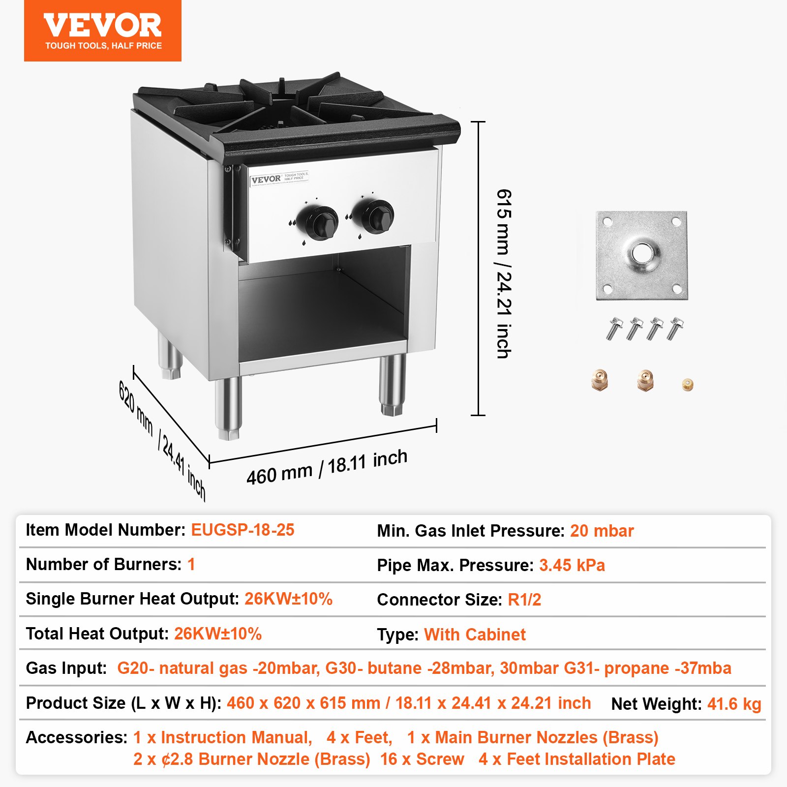 VEVOR Estufa de Gas Comercial con Gabinete, Cocina de Encimera de Gas Propano y Gas Natural, Placa Calefactora de Gas de Acero Inoxidable, para Restaurante, 26 kW, 460 x 620 x 615 mm, 1 Quemador