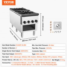 VEVOR Estufa de Gas Comercial de 2 Quemadores 460 x 1170 x 610 mm 90000 BTU