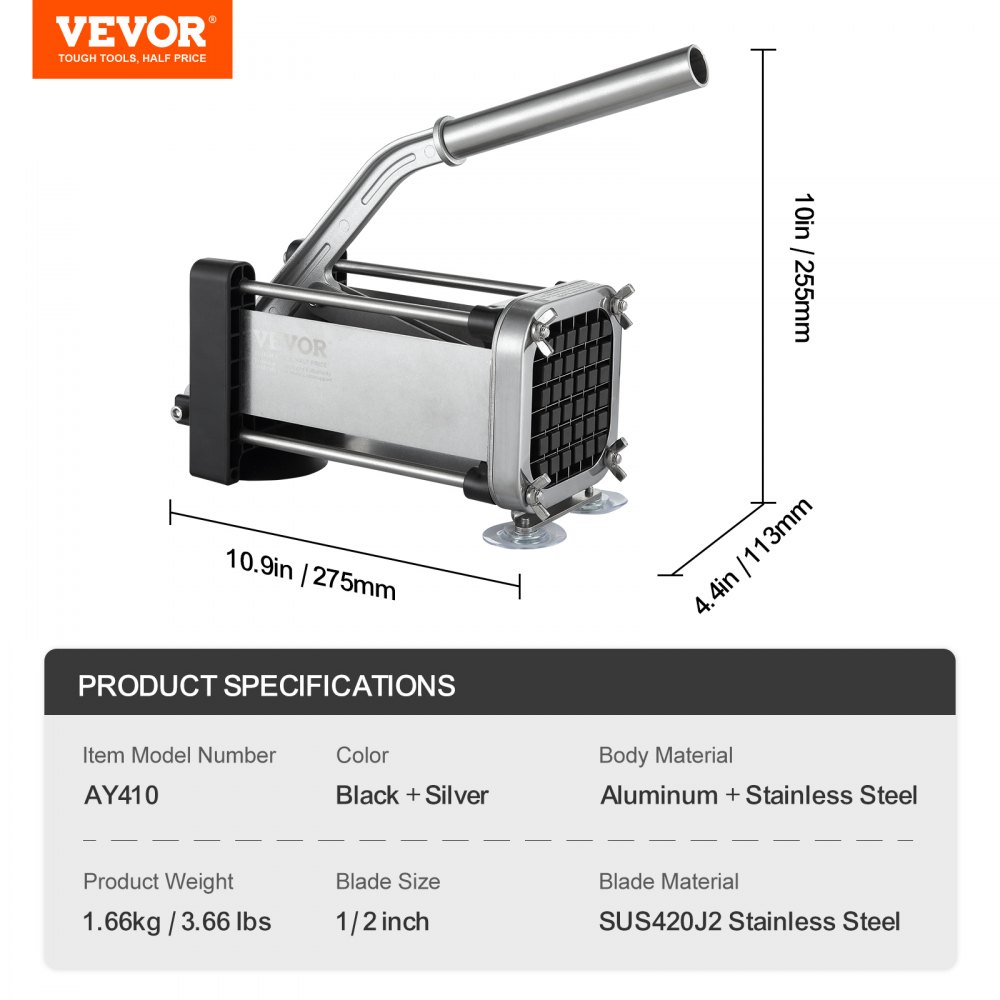 VEVOR French Fries Cutter, Potato Cutter with 1/2-inch Stainless Steel Blade, Manual Potato Cutter and Shredder with Suction Cups, Ideal for Potatoes, French Fries, Cucumbers, and Vegetables