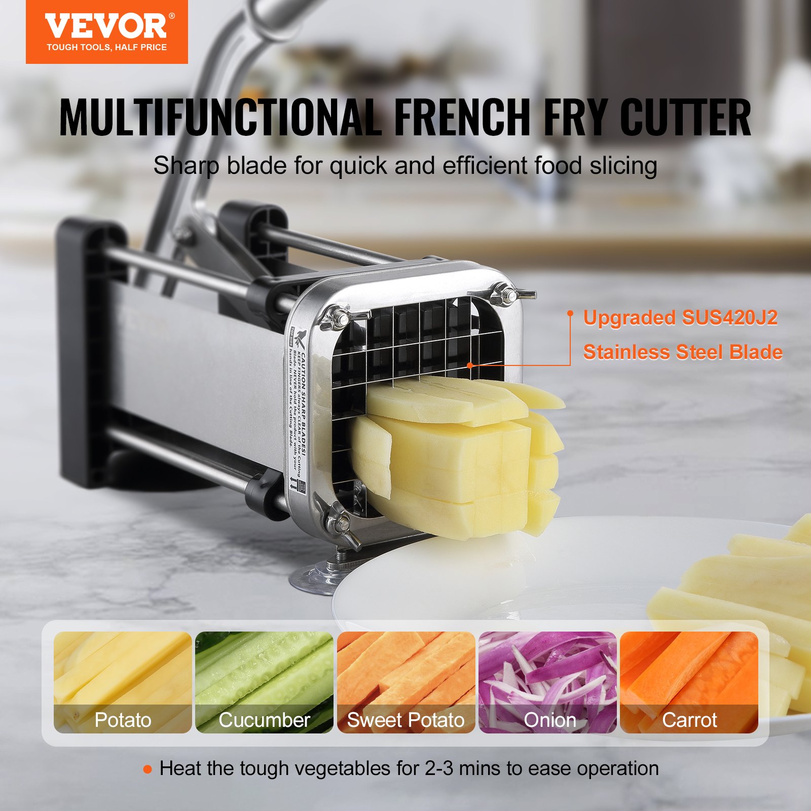 VEVOR Cortador de Papas con Cuchillas de Acero Inoxidable 1/2", 3/8" Cortador de Papas Manual con Ventosas Cortadora de Patatas Fritas Ideal para Papas, Papas Fritas, Pepinos, Verduras, Zanahorias