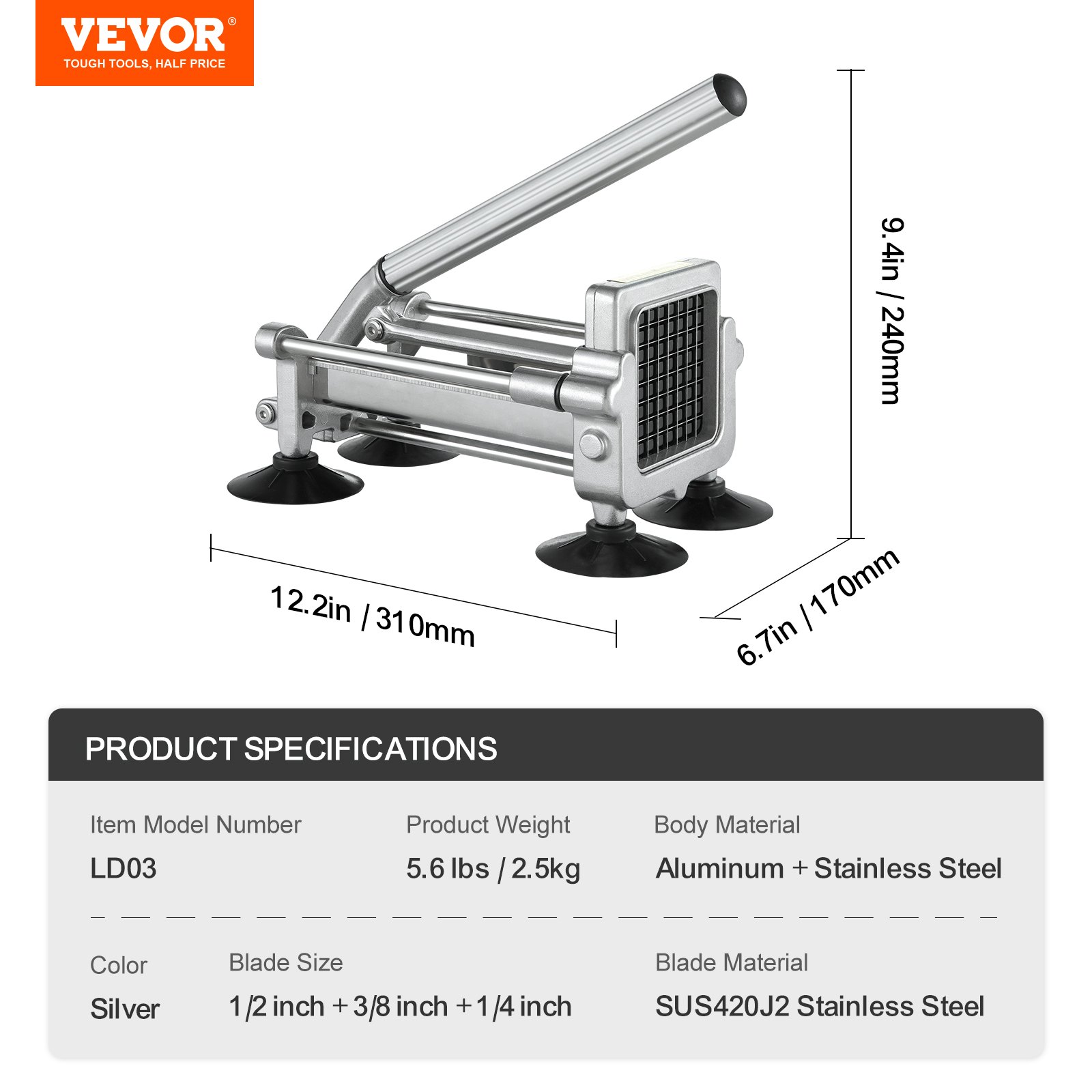 VEVOR Cortadora de Patatas Fritas Cortador de Papas con Hoja de Acero Inoxidable de 1/2", 3/8", 1/4" Cortador de Papas Manual con Ventosas Ideal para Papas Fritas, Pepinos, Verduras, Zanahorias