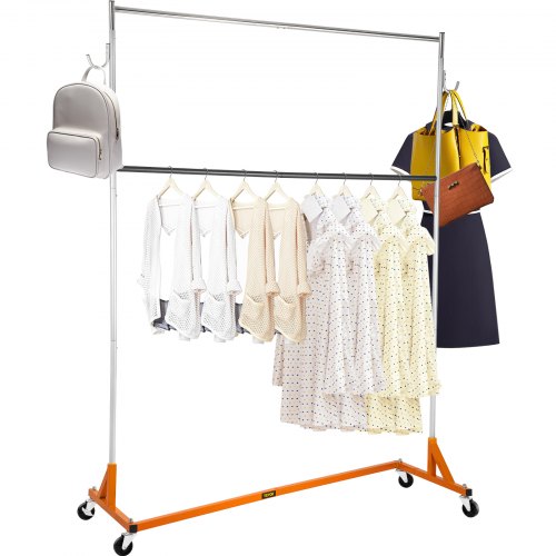 VEVOR Perchero Burro para Ropa en Z 60x159x215 cm Perchero Resistente con 4 Ruedas 2 Nivel, Acero Inoxidable, Capacidad de 80 kg, Perchero Comercial con Base en Forma de Z con 2 Ganchos, Color Naranja