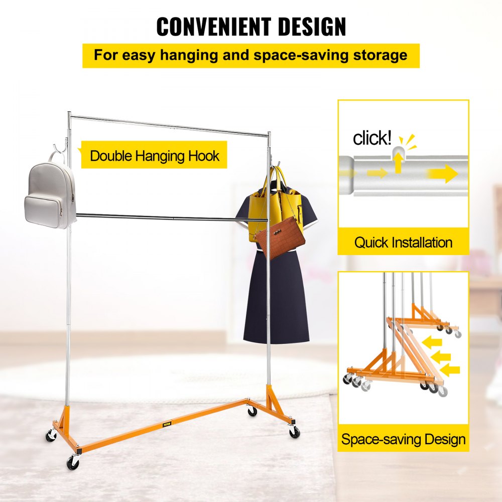 VEVOR Perchero Burro para Ropa en Z 60x159x215 cm Perchero Resistente con 4 Ruedas 2 Nivel, Acero Inoxidable, Capacidad de 80 kg, Perchero Comercial con Base en Forma de Z con 2 Ganchos, Color Naranja