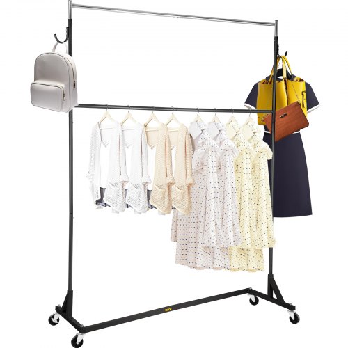 VEVOR Perchero Burro para Ropa en Z 60x159x215cm Perchero Resistente con 4 Ruedas 2 Carril, Acero Inoxidable, Capacidad de 136 kg, Perchero Comercial con Base en Forma de Z con 2 Ganchos, Color Negro
