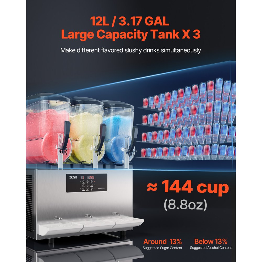 VEVOR Máquina de Granizados Comercial con 3 Tanques de 12 L x 3 Máquina para Bebidas Congeladas de Acero Inoxidable 144 Tazas Máquina para Hacer Granizados para Fiestas en Hogar, Restaurantes, Bares