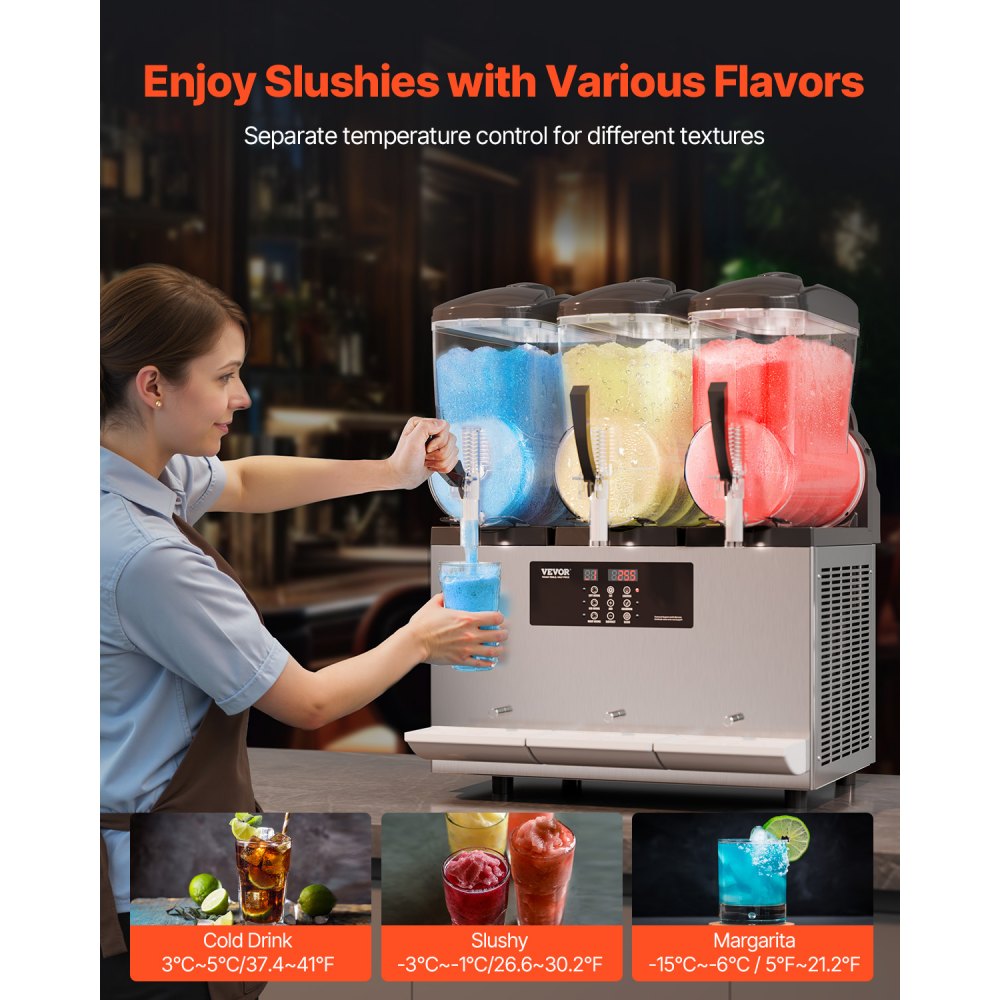 VEVOR Máquina de Granizados Comercial con 3 Tanques de 12 L x 3 Máquina para Bebidas Congeladas de Acero Inoxidable 144 Tazas Máquina para Hacer Granizados para Fiestas en Hogar, Restaurantes, Bares