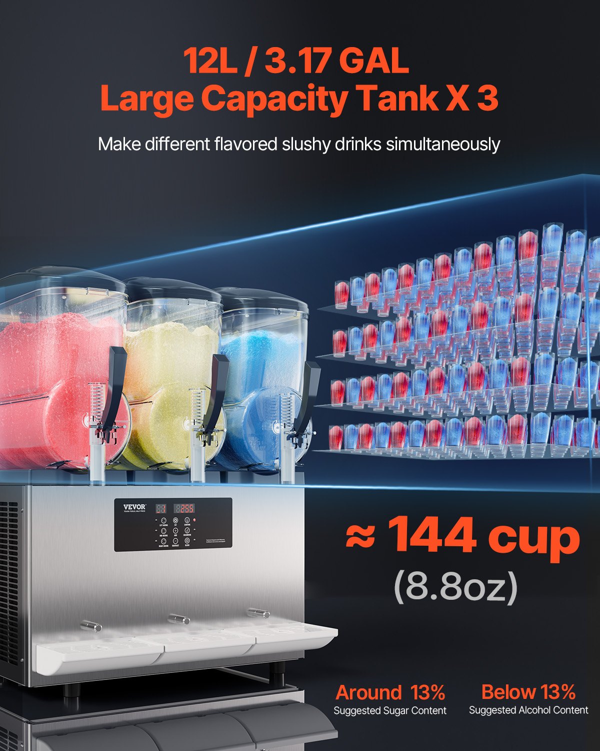 VEVOR Máquina de Granizados Comercial con 3 Tanques de 12 L x 3 Máquina para Bebidas Congeladas de Acero Inoxidable 144 Tazas Máquina para Hacer Granizados para Fiestas en Hogar, Restaurantes, Bares