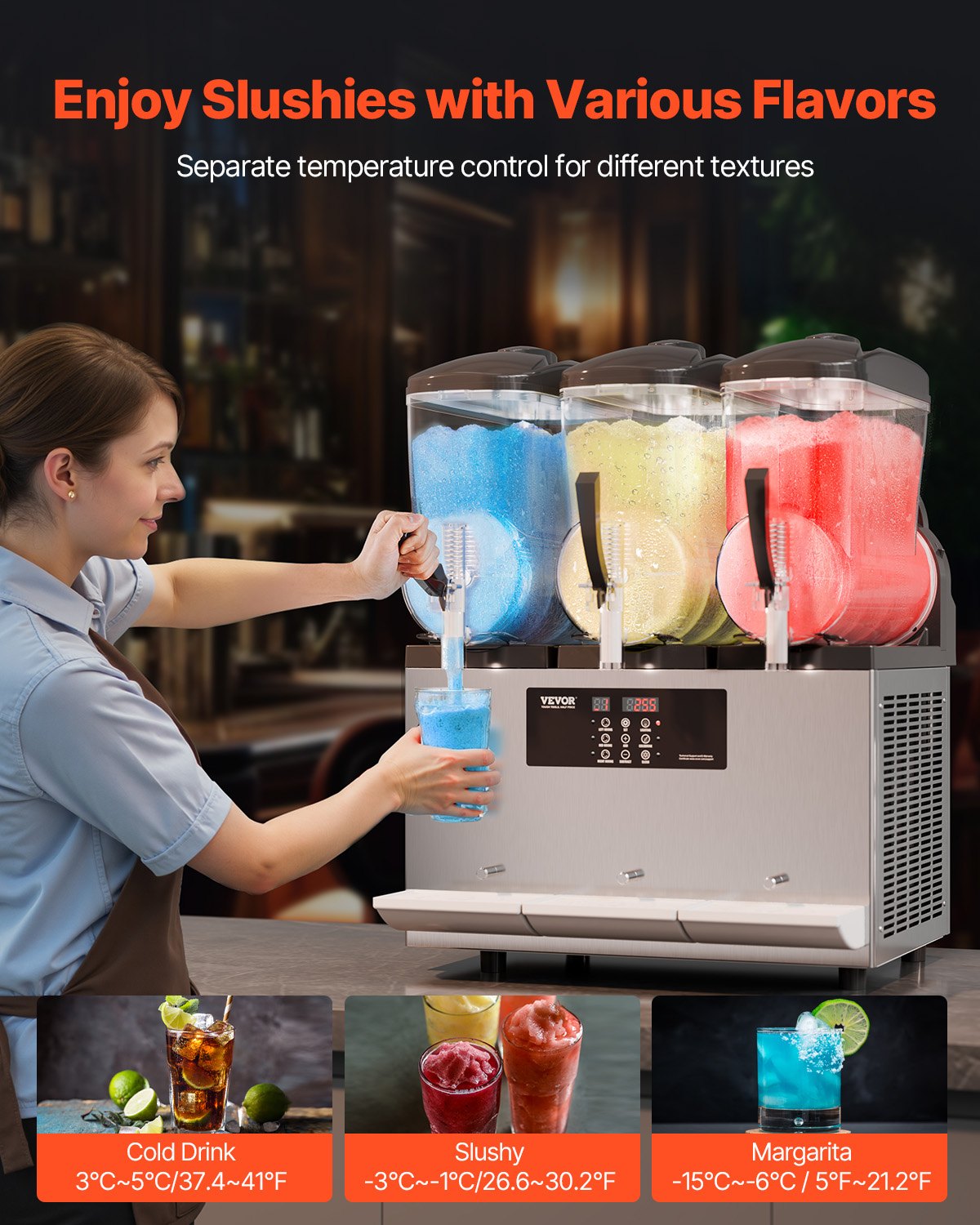 VEVOR Máquina de Granizados Comercial con 3 Tanques de 12 L x 3 Máquina para Bebidas Congeladas de Acero Inoxidable 144 Tazas Máquina para Hacer Granizados para Fiestas en Hogar, Restaurantes, Bares